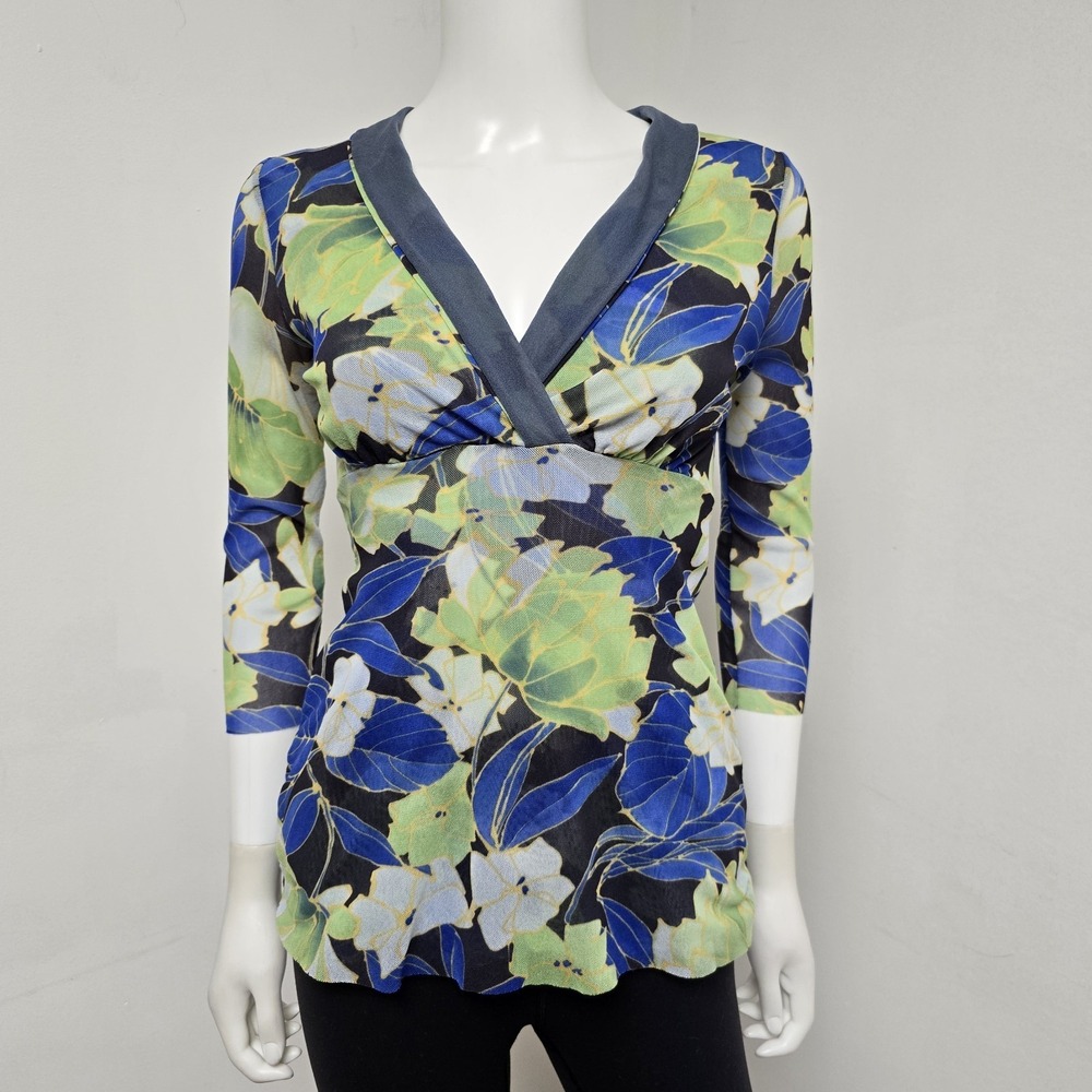 Sweet Pea Stacy Frati Top Size M Y2K Mesh Stretch 3/4 Sleeve V-Neck Babydoll